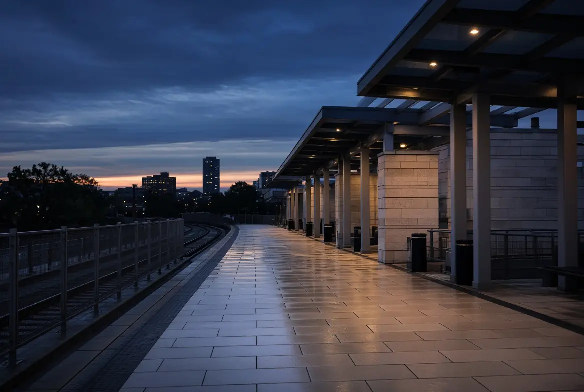 Covered commercial walkway in the GTA at night