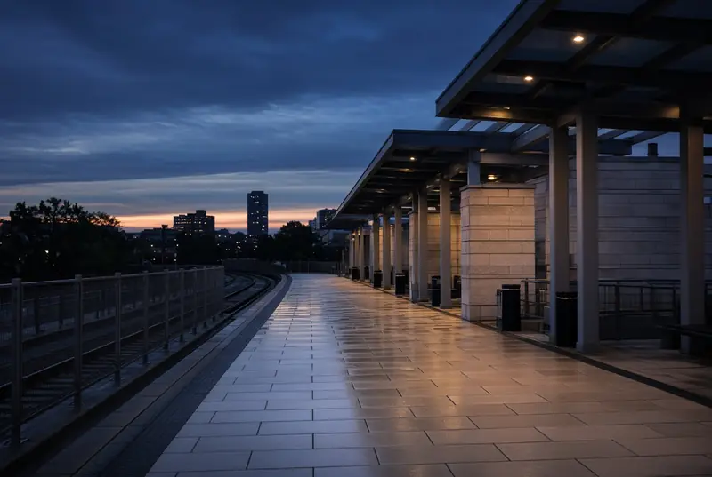 Covered commercial walkway in the GTA at night