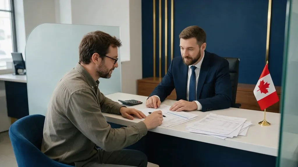Business owner reviewing a loan application with a banker