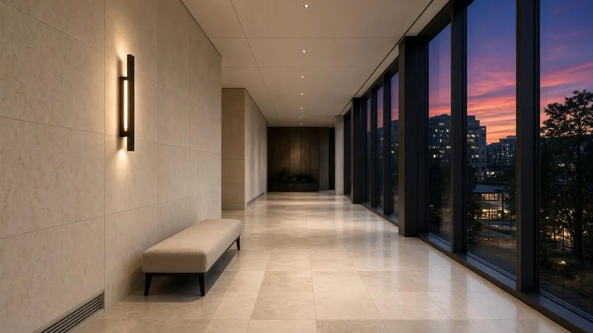 GTA condo hallway with city view