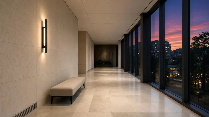 GTA condo hallway with city view