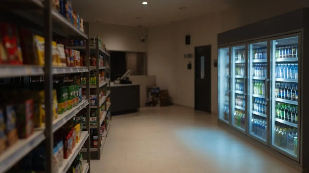 Convenience store interior with coolers