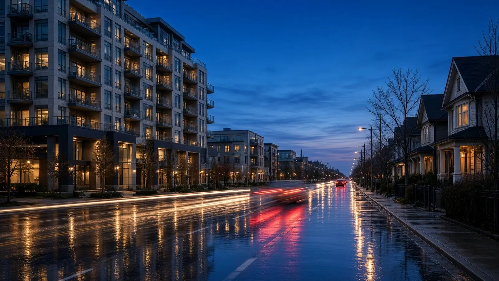 Mid-rise condos and townhomes along a GTA corridor