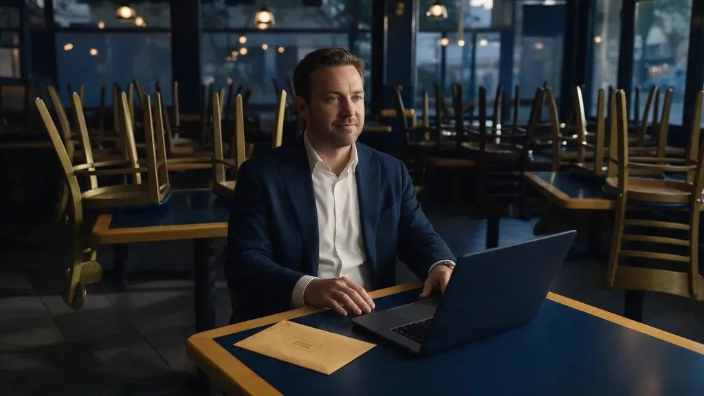 Owner reviewing documents after hours